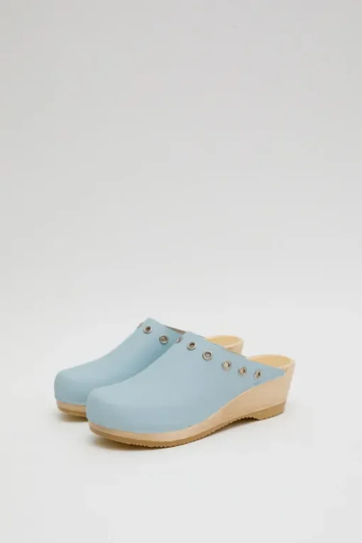 Bella Clog on Mid Wedge in Light Blue with Eyelets