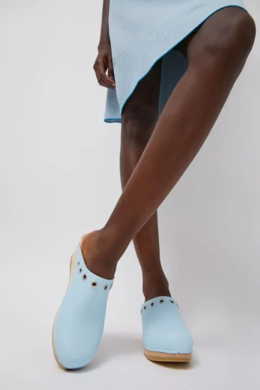 Bella Clog on Mid Wedge in Light Blue with Eyelets
