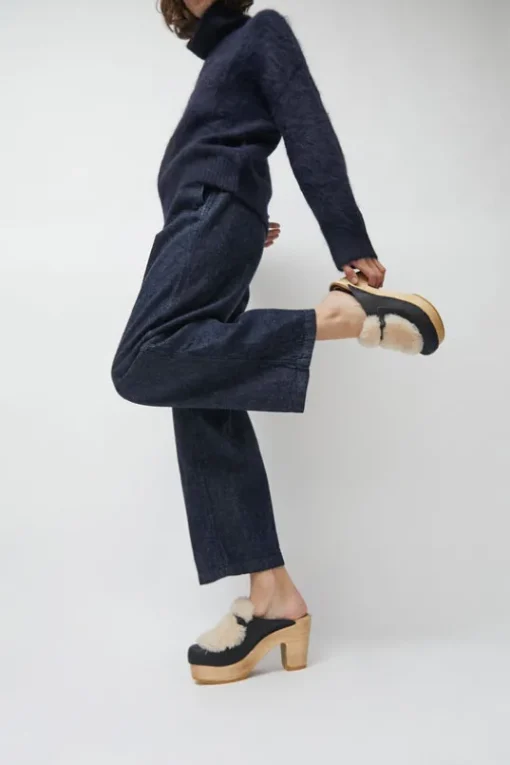 Billie Fur Clog on Platform in Indigo and Bone