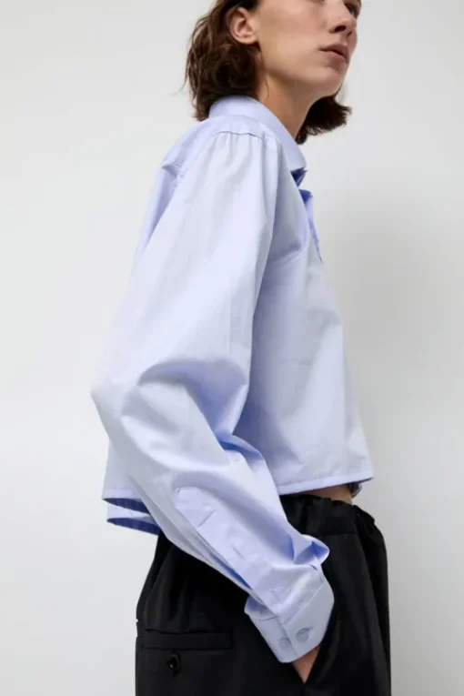 Blue Poplin Crop Shirt in Light Blue