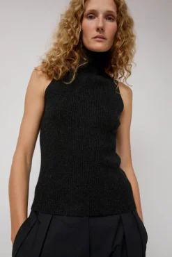 Cashmere Mock Collar Rib Top in Black Melange