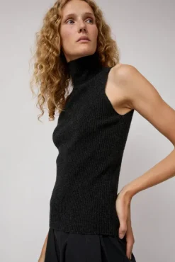 Cashmere Mock Collar Rib Top in Black Melange