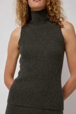 Cashmere Mock Collar Rib Top in Olive Melange