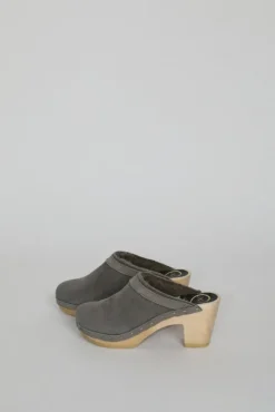 Dakota Shearling Clog on High Heel in Smoke Suede and Cloud