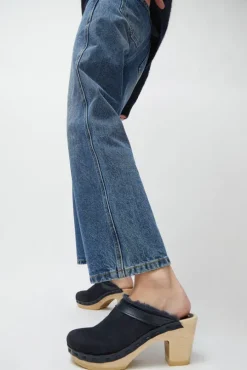 Dakota Shearling Clog on High Heel in Navy Suede and Night