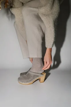 Dakota Shearling Clog on High Heel in Smoke Suede and Cloud