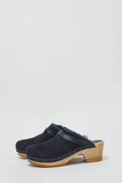 Dakota Shearling Clog on Mid Heel in Navy and Night