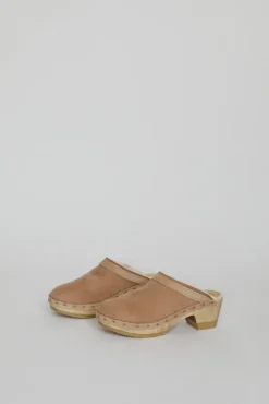 Dakota Shearling Clog on Mid Heel in Fawn Suede and Bone