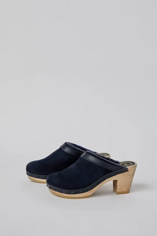 Dakota Shearling Clog on High Heel in Navy Suede and Night