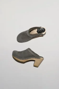Dakota Shearling Clog on High Heel in Smoke Suede and Cloud