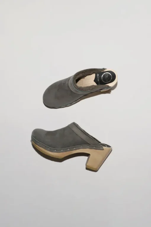 Dakota Shearling Clog on High Heel in Smoke Suede and Cloud