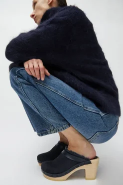 Dakota Shearling Clog on High Heel in Navy Suede and Night