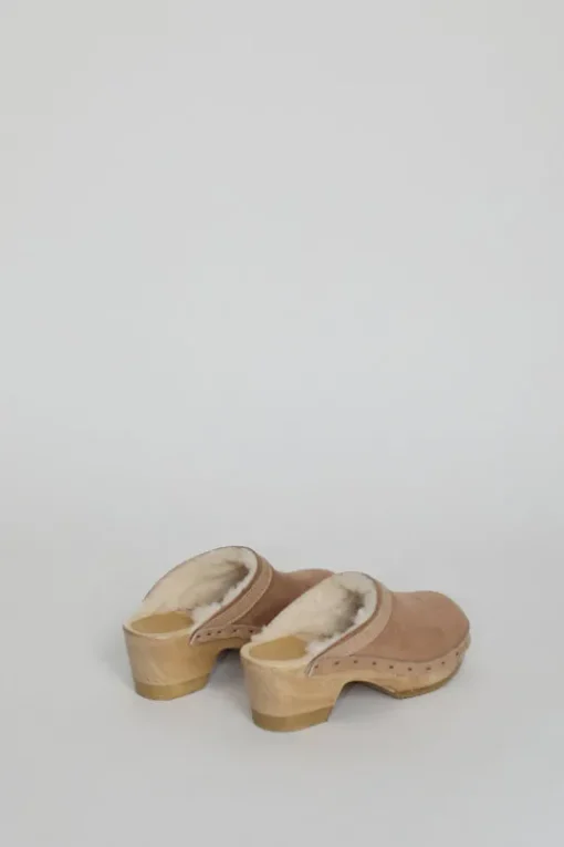 Dakota Shearling Clog on Mid Heel in Fawn Suede and Bone