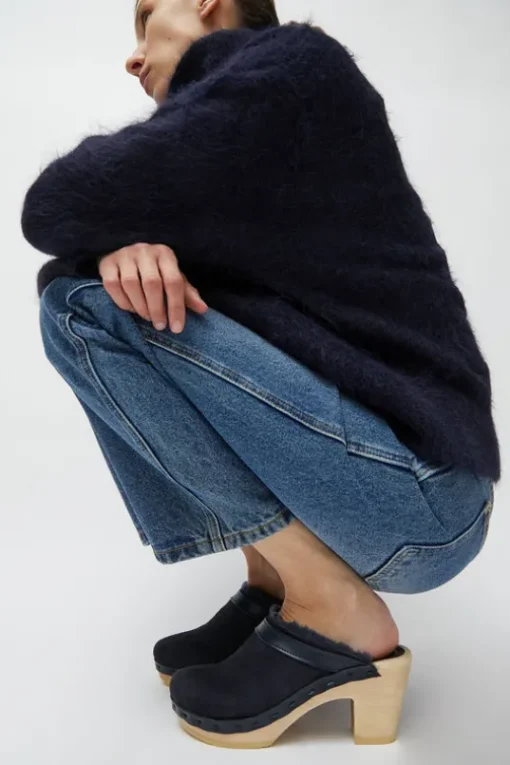 Dakota Shearling Clog on High Heel in Navy Suede and Night
