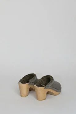 Dakota Shearling Clog on High Heel in Smoke Suede and Cloud