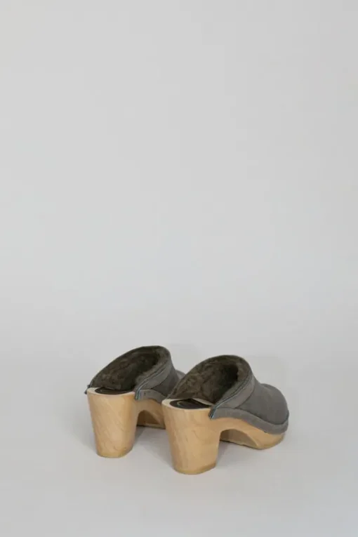 Dakota Shearling Clog on High Heel in Smoke Suede and Cloud