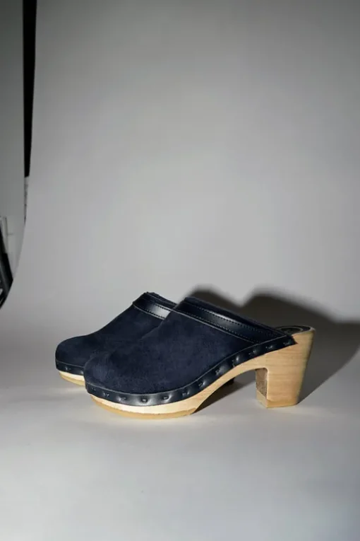 Dakota Shearling Clog on High Heel in Navy Suede and Night
