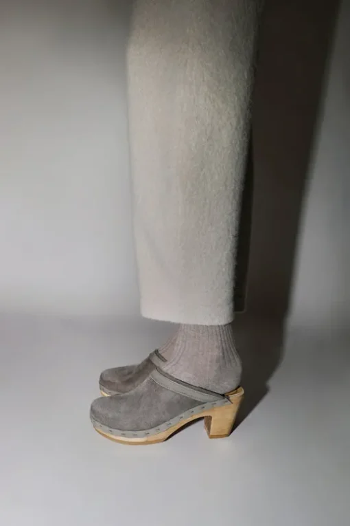 Dakota Shearling Clog on High Heel in Smoke Suede and Cloud