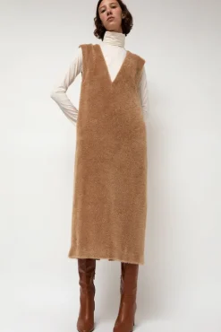 Eco Fur Deep V Dress in Camel