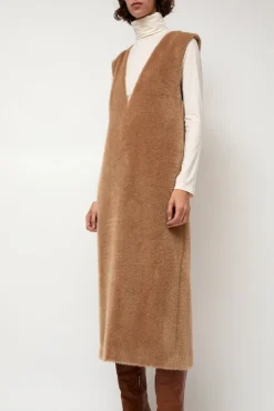 Eco Fur Deep V Dress in Camel