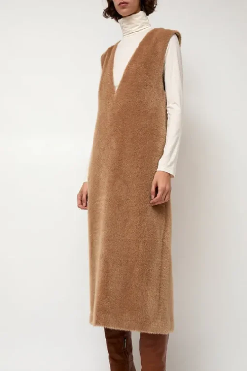 Eco Fur Deep V Dress in Camel