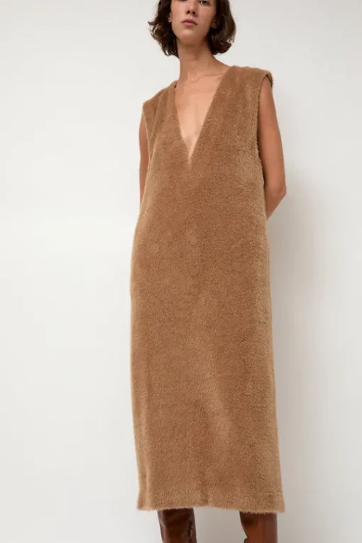 Eco Fur Deep V Dress in Camel