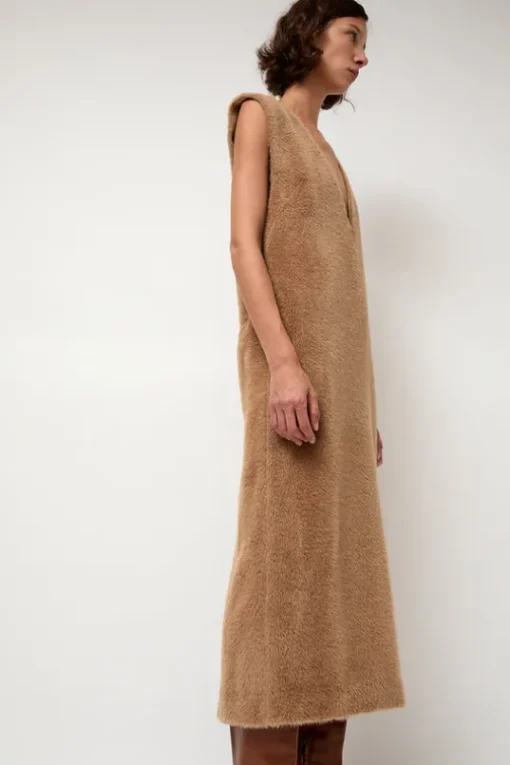 Eco Fur Deep V Dress in Camel