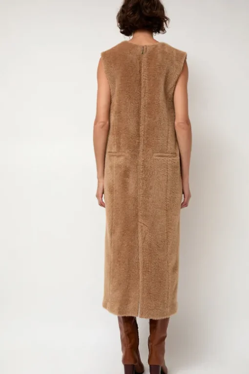 Eco Fur Deep V Dress in Camel