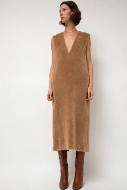 Eco Fur Deep V Dress in Camel