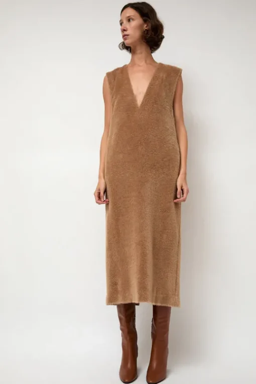 Eco Fur Deep V Dress in Camel