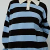Edith Stripe Polo Sweater in Dark Brown and Pale Blue