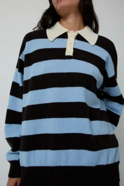 Edith Stripe Polo Sweater in Dark Brown and Pale Blue