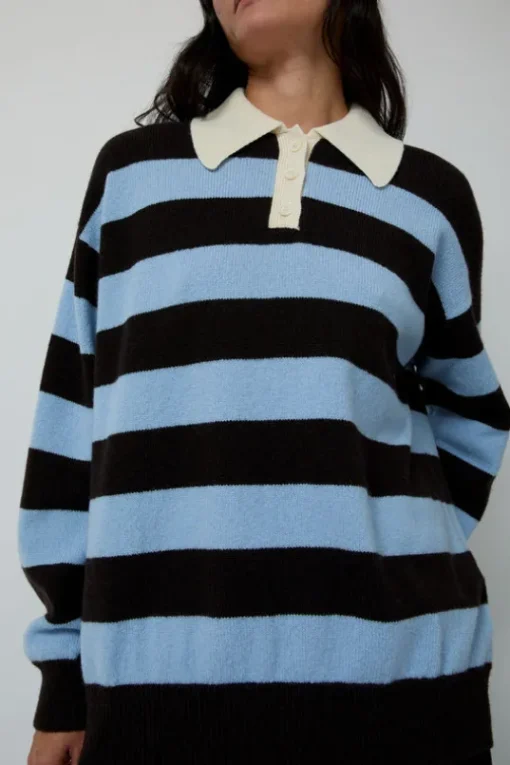 Edith Stripe Polo Sweater in Dark Brown and Pale Blue