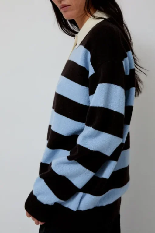 Edith Stripe Polo Sweater in Dark Brown and Pale Blue