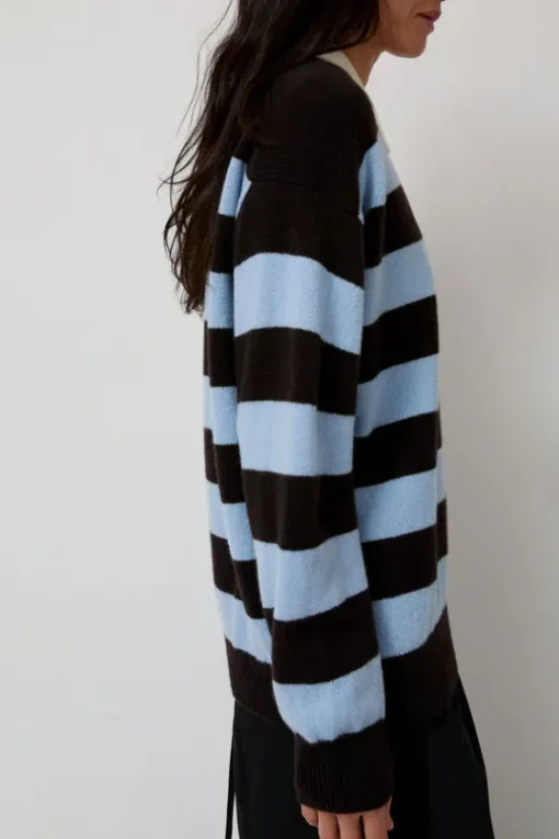 Edith Stripe Polo Sweater in Dark Brown and Pale Blue