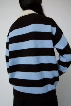 Edith Stripe Polo Sweater in Dark Brown and Pale Blue
