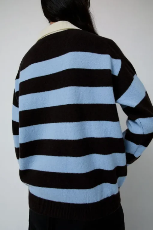 Edith Stripe Polo Sweater in Dark Brown and Pale Blue
