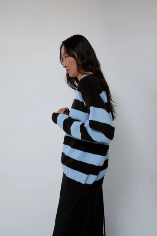 Edith Stripe Polo Sweater in Dark Brown and Pale Blue