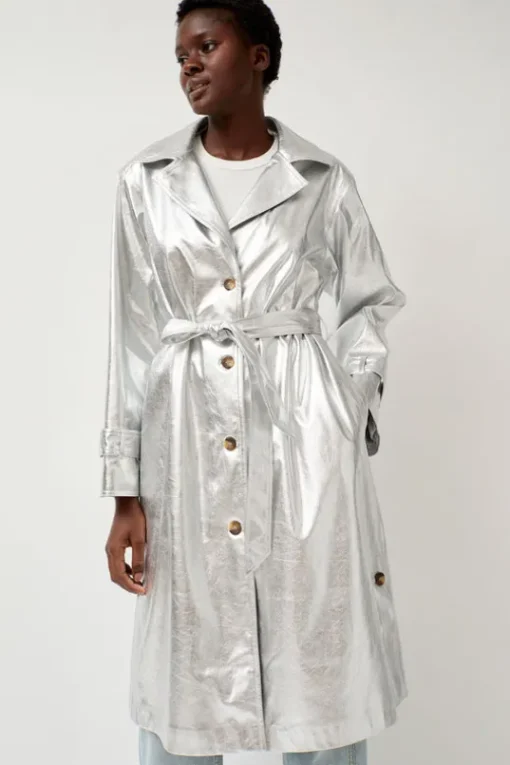 Emile Trench in Silver Faux Leather