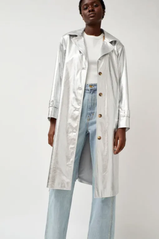 Emile Trench in Silver Faux Leather