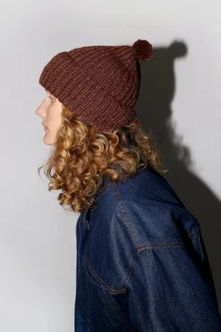 Fold Up Long Pom Pom Beanie in Dark Brown