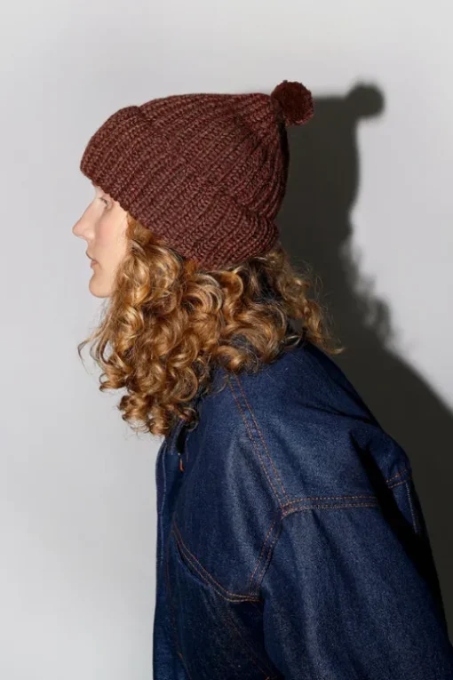 Fold Up Long Pom Pom Beanie in Dark Brown