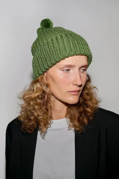 Fold Up Long Pom Pom Beanie in Grass