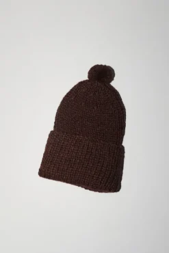 Fold Up Long Pom Pom Beanie in Dark Brown
