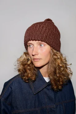Fold Up Long Pom Pom Beanie in Dark Brown