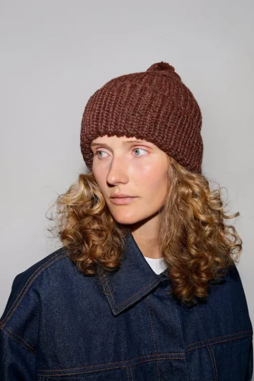 Fold Up Long Pom Pom Beanie in Dark Brown