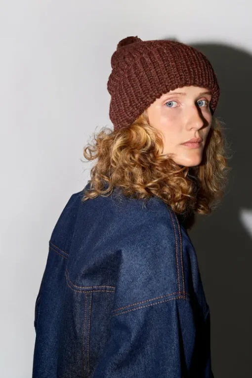 Fold Up Long Pom Pom Beanie in Dark Brown