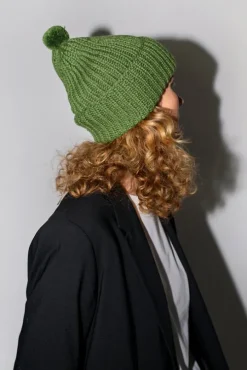 Fold Up Long Pom Pom Beanie in Grass