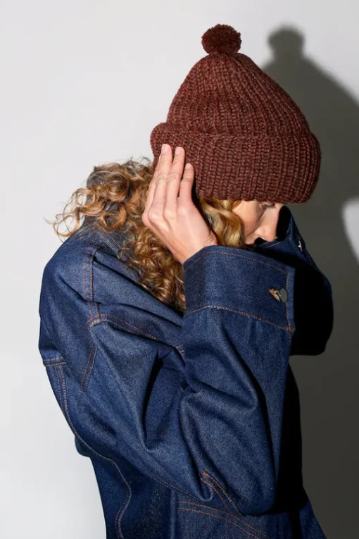 Fold Up Long Pom Pom Beanie in Dark Brown