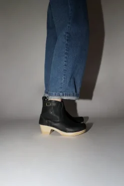 5" Leather Clog Buckle Boot on Mid Heel in Black